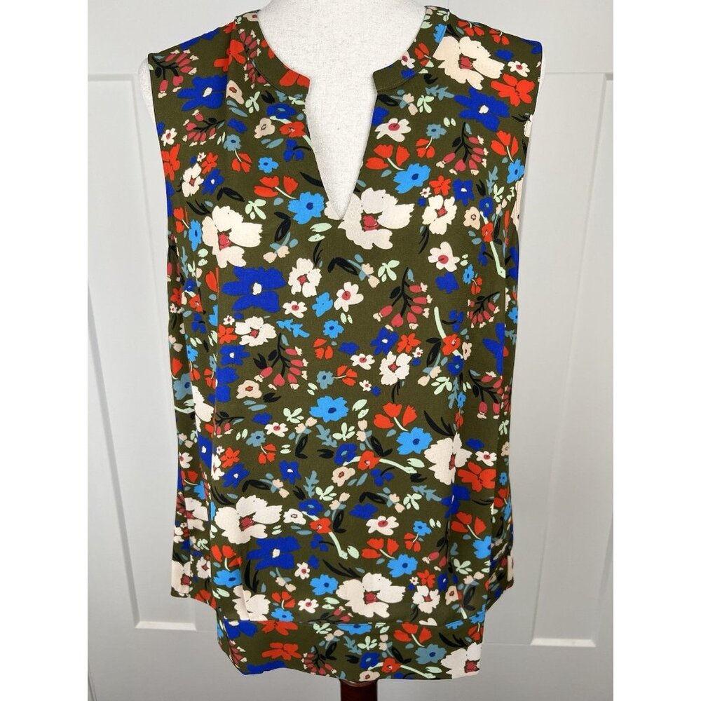 Cabi M Olive Floral Sleeveless Blouse Hi Low Tunic Top Split Neck Colorful Flowy